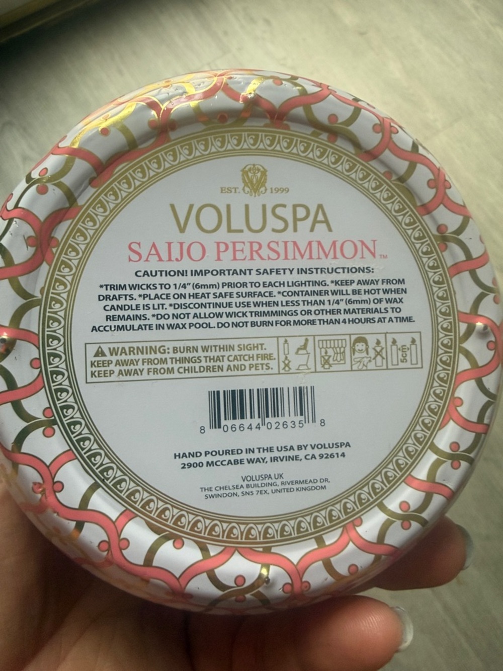 Voluspa Pink and Gold Patterned Tin 2-Wick Candle - Picture 5 of 5